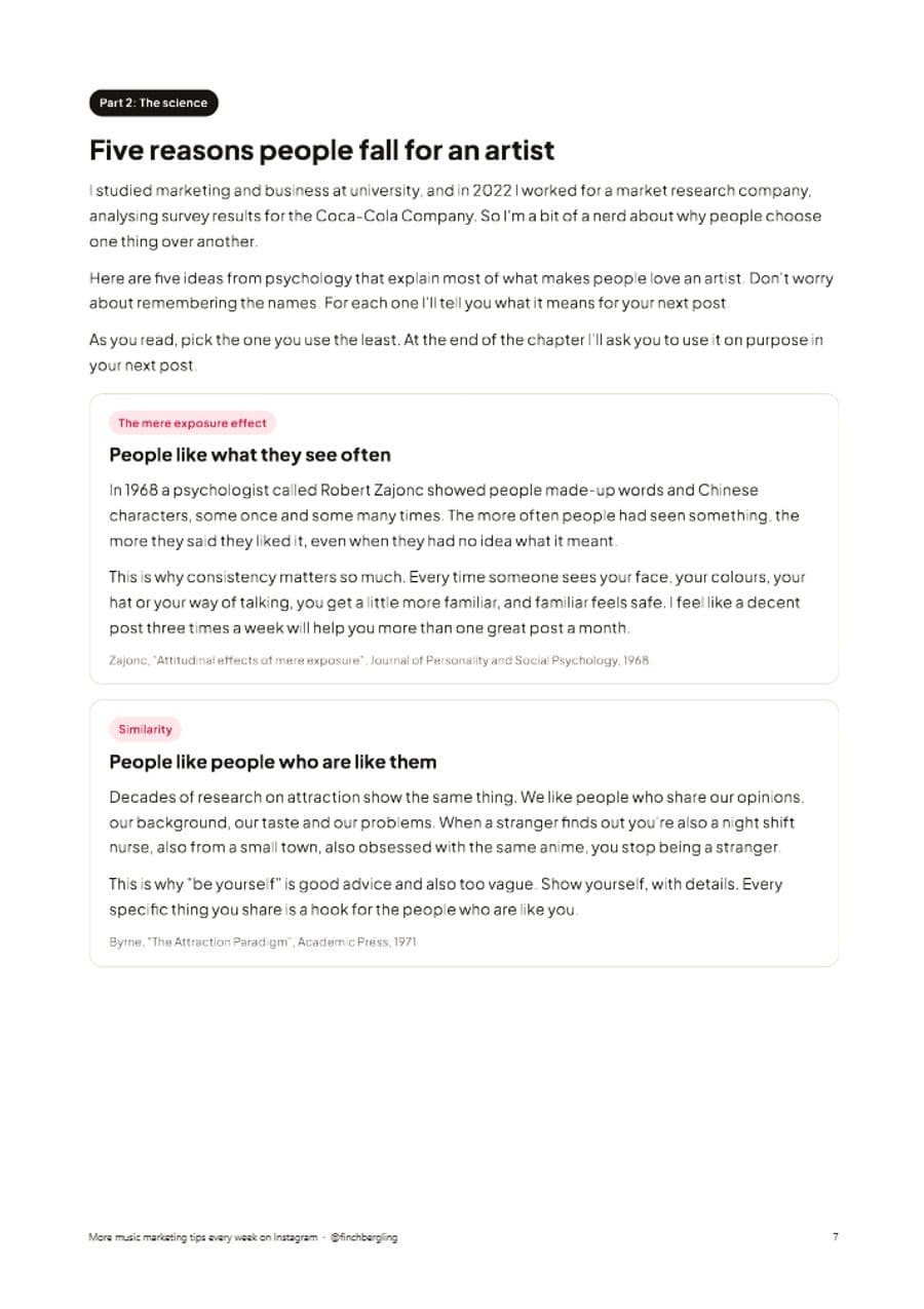 A page of the guide about the psychology of why people like an artist