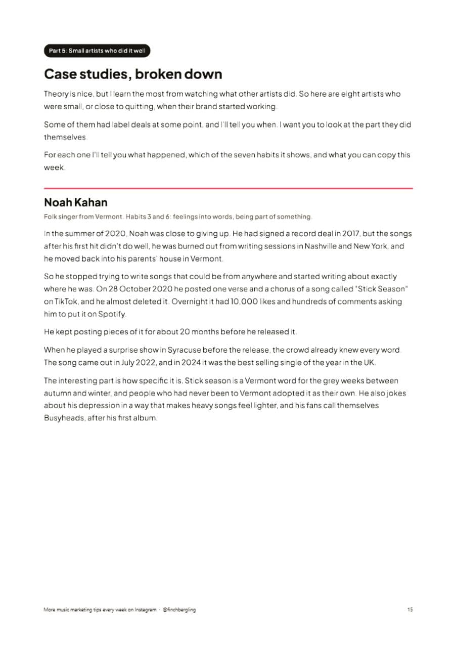 A page of the guide with the Noah Kahan case study