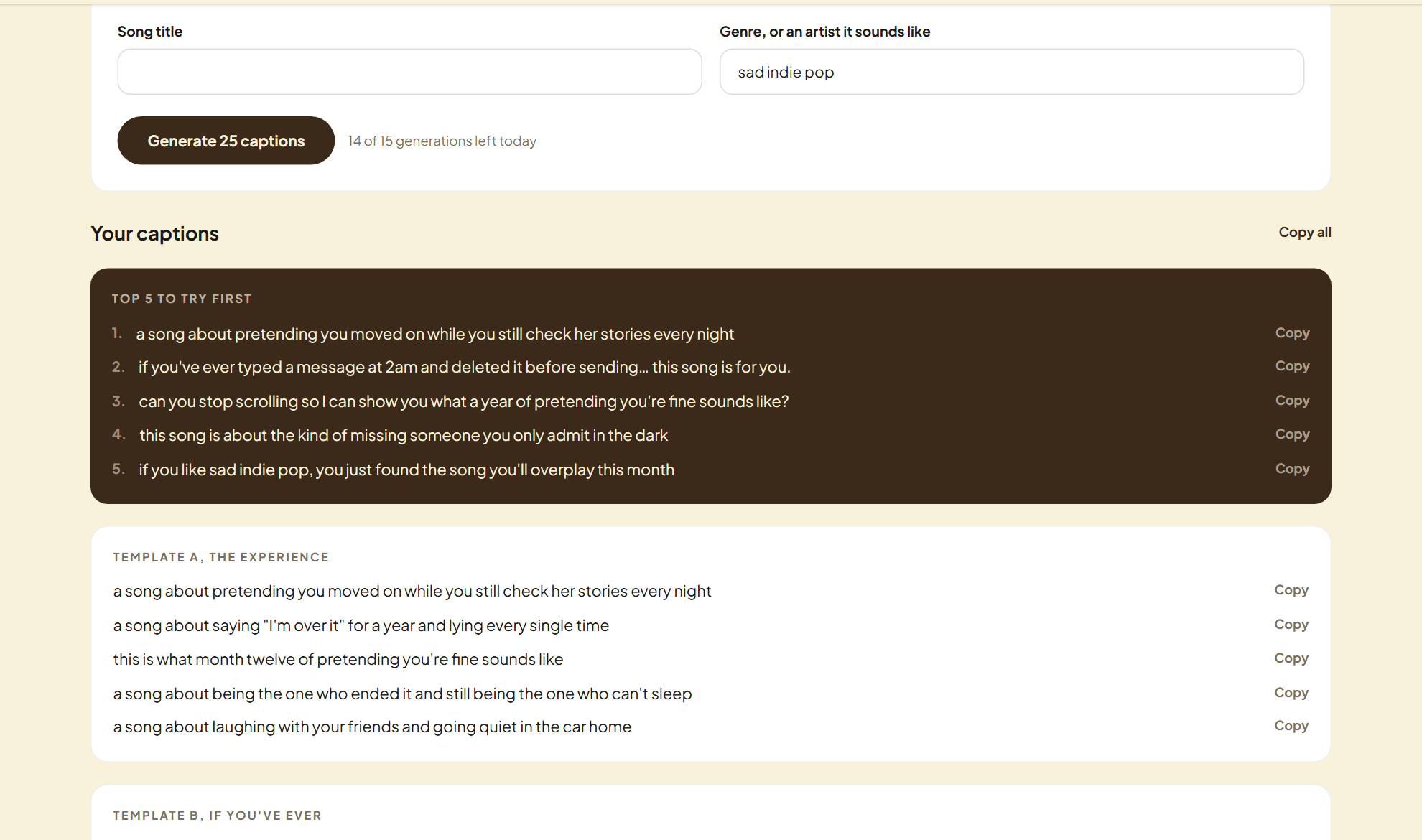 The Content Vault caption generator showing generated captions