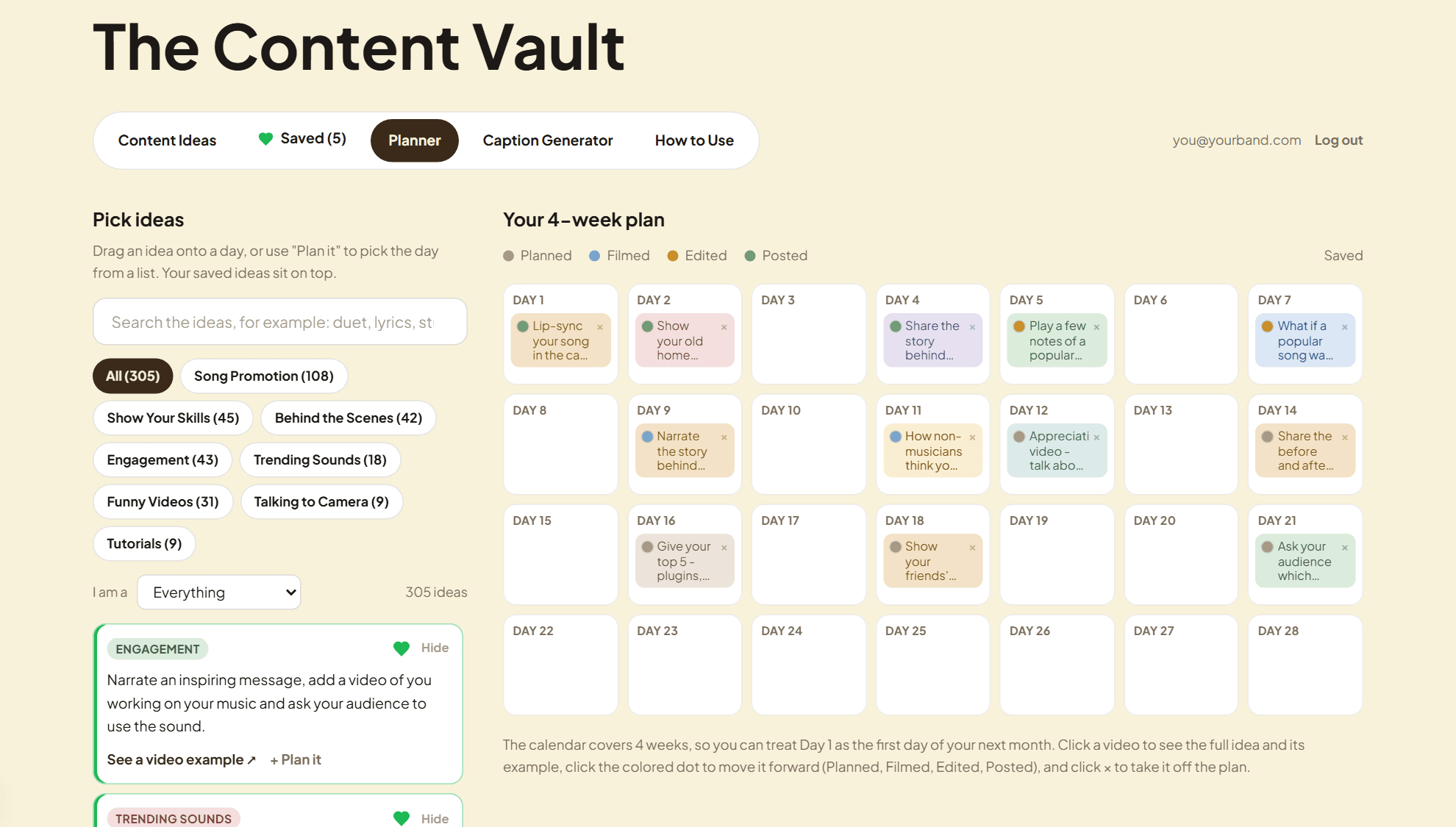 The Content Vault planner with ideas dragged onto a monthly calendar