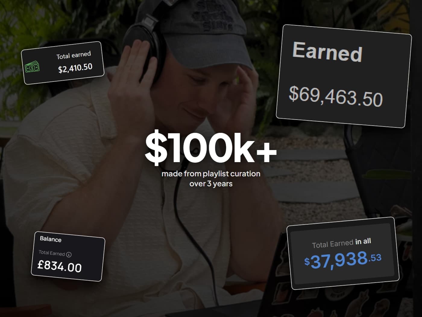 Four curator platform dashboards showing total amounts earned for reviewing songs